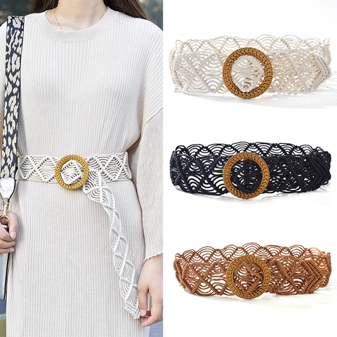 Böhmische Handgefertigte Gewebte Wachsschnur Damen Taillenmieder Vintage Ethno-Stil Runde Schnalle Gürtel Für Kleid Mantel Dekorativ