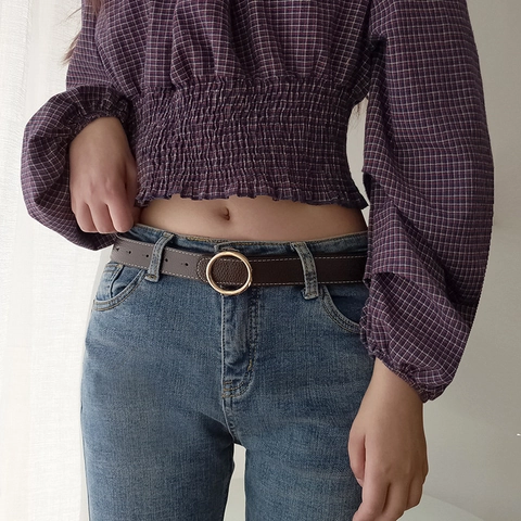 Women's Fashion Faux Leather Belt With Classic Round Gold Buckle Contrast Stitching Casual Versatile Jeans Waist Strap Accessories