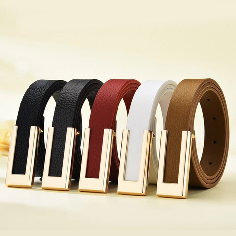 Damen Mode Schmal Gürtel Kunstleder Taillengürtel Mit Gold Glatte Schnalle Casual Litschi Muster Dekorative Gürtel Für Damen