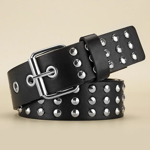 Cintura Punk Rock con Borchie in Pelle Sintetica per Uomo Donna Tre File Borchie in Metallo Moda Gotica Cintura con Fibbia