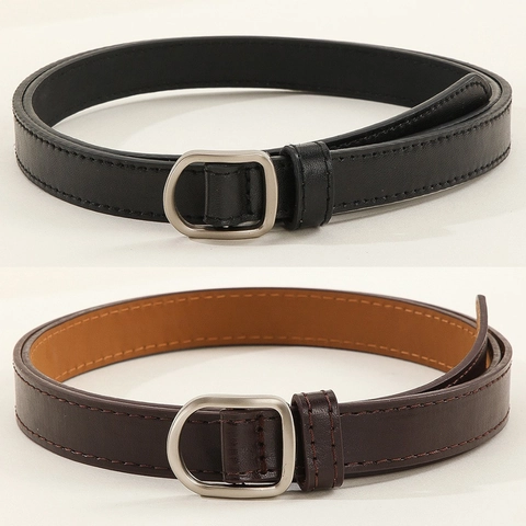 Women Minimalist Faux Leather Narrow Belt Simple D-Shaped Alloy Buckle No-Hole Thin Waist Belt For Jeans Dresses