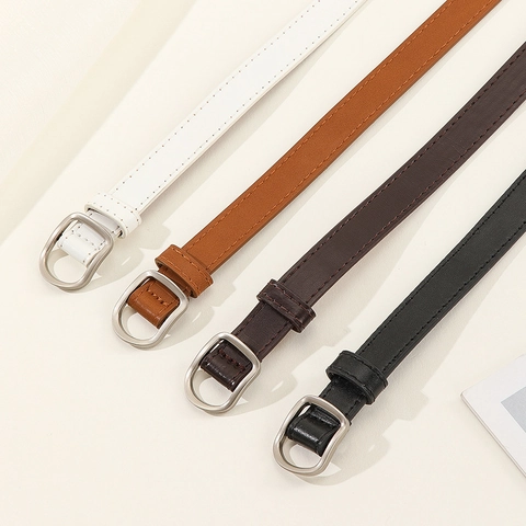 Women Minimalist Faux Leather Narrow Belt Simple D-Shaped Alloy Buckle No-Hole Thin Waist Belt For Jeans Dresses