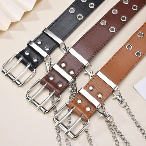 Punk Double Grommet Faux Leather Belt For Men Women With Detachable Metal Chain Y2K Hip Hop Streetwear Double Pin Buckle Waist Strap