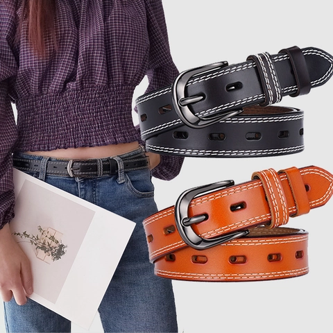 Cintura Vintage in Ecopelle da Donna Design Traforato Doppia Cucitura a Contrasto Fibbia ad Ardiglione per Jeans Abiti Accessori Donna