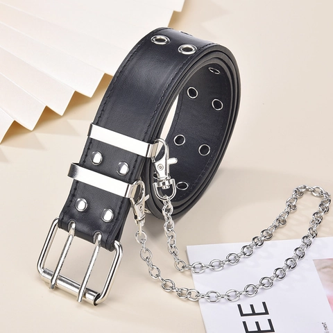 Punk Double Grommet Faux Leather Belt For Men Women With Detachable Metal Chain Y2K Hip Hop Streetwear Double Pin Buckle Waist Strap