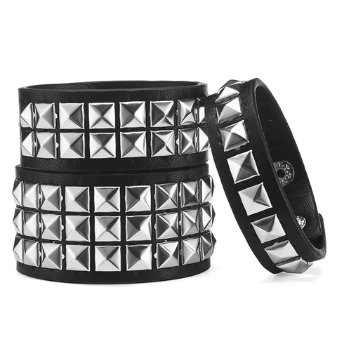 Punk Pyramid Studded PU Leather Bracelet For Men Women Retro Rock Wide Wristband Adjustable Snap Button Metal Studs Jewelry Gift