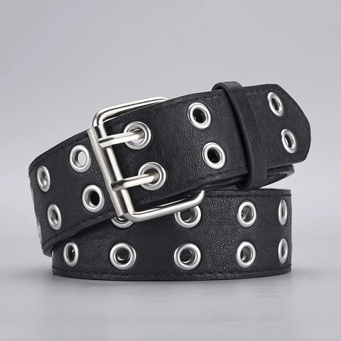 Women Men Punk Double Row Eyelet Grommet Belt Fashion Faux Leather Double Prong Buckle Waistband Streetwear Decorative Belt
