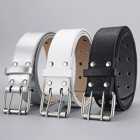 Women Men Punk Double Row Eyelet Grommet Belt Fashion Faux Leather Double Prong Buckle Waistband Streetwear Decorative Belt