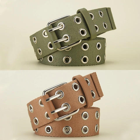 Cinturón de Lona para Hombre Con Ojales de Metal de Doble Fila Estilo Militar Casual Hebilla de Doble Pasador Tejida
