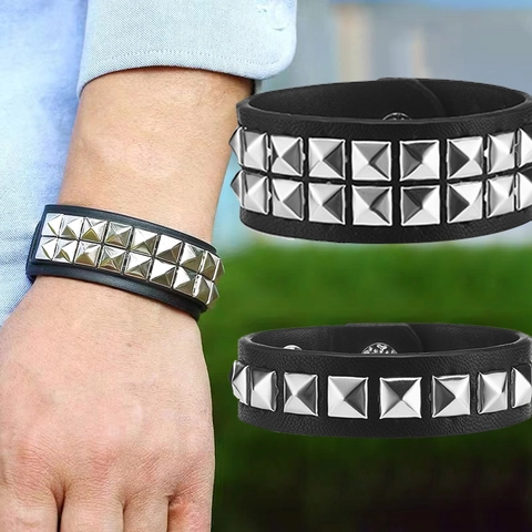 Punk Pyramid Studded PU Leather Bracelet For Men Women Retro Rock Wide Wristband Adjustable Snap Button Metal Studs Jewelry Gift