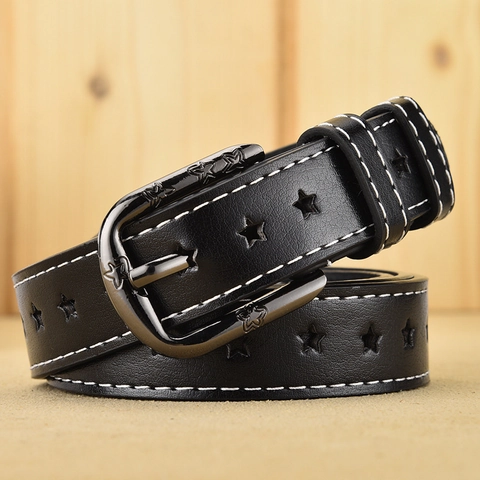 Unisex Artificial Leather Belt With Star Hollow-Out Design Contrast Stitching Alloy Pin Buckle Decorative Waistband For Jeans