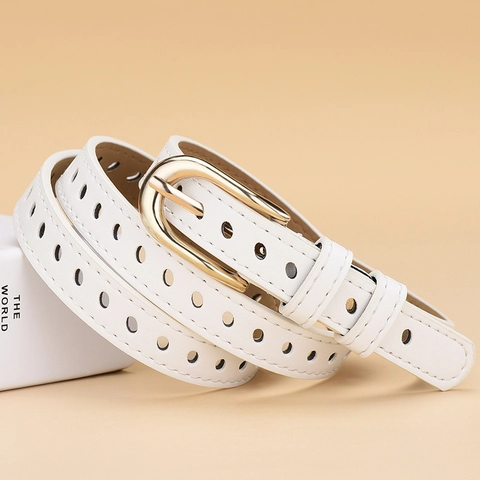 Cintura da Donna in Pelle PU Traforata Moda Sottile Cinturino in Vita Fibbia a Ferro di Cavallo Oro per Abiti Jeans