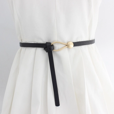 Women Skinny Artificial Leather Belt For Dresses Sweaters Slim Fit Decorative Waist Belt Elegant Minimalist Chic Waistband With Alloy Buckle