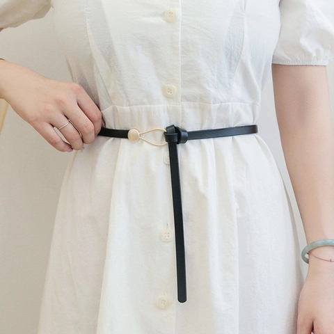 Women Skinny Artificial Leather Belt For Dresses Sweaters Slim Fit Decorative Waist Belt Elegant Minimalist Chic Waistband With Alloy Buckle