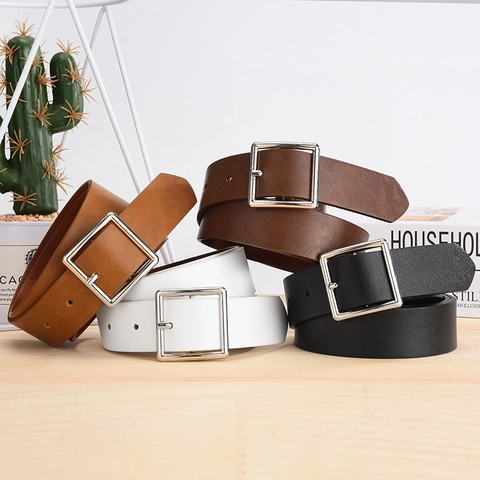Women Casual Faux Leather Belt With Silver Square Pin Buckle Minimalist Solid Color Decorative Waistband For Jeans Pants
