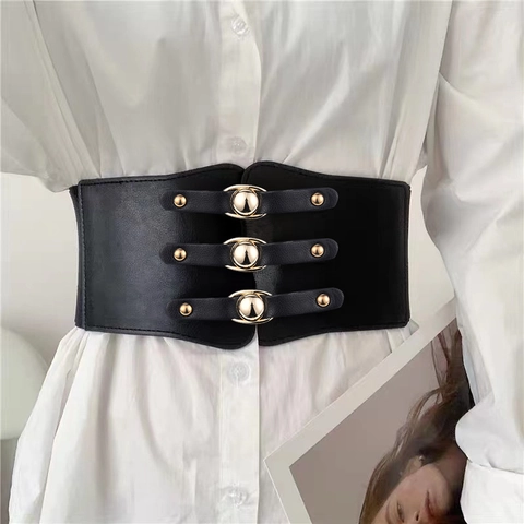 Cintura a Corsetto Elastica Larga Vintage da Donna Elegante Stringata Tripla Fibbia Ricamata Cintura Modellante per Vestito Camicia Accessori