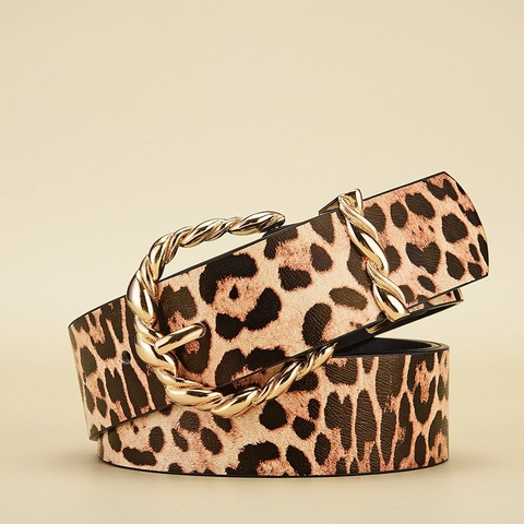 Cintura in Pelle Artificiale Leopardata da Donna Fibbia ad Ardiglione Rotonda Intrecciata Oro Cintura Decorativa Punk Retro
