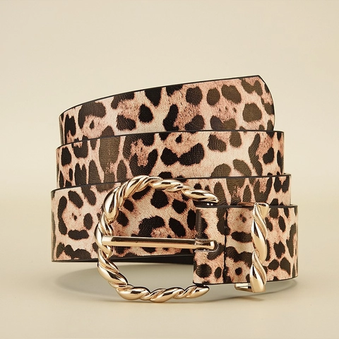 Cintura in Pelle Artificiale Leopardata da Donna Fibbia ad Ardiglione Rotonda Intrecciata Oro Cintura Decorativa Punk Retro