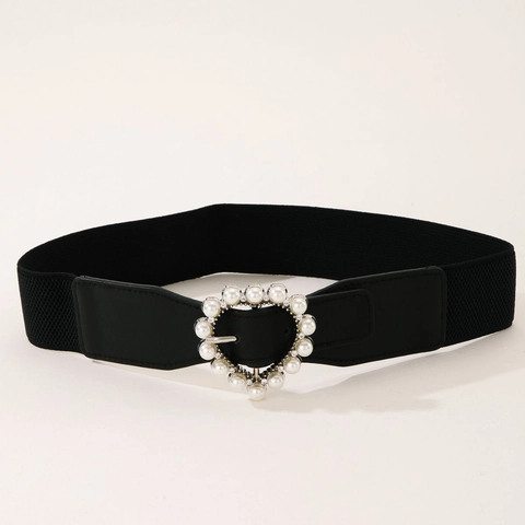 Cintura Elastica da Donna Con Fibbia a Cuore Perla Artificiale Strass Decor Cintura in Pelle PU Elasticizzata per Abiti