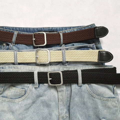 Unisex Braided Elastic Belt Alloy Pin Buckle Woven Stretch Waistband Casual Fashion Versatile Strap For Jeans Trousers