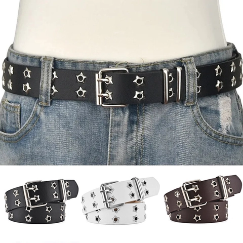 Cintura Punk in Similpelle Donna Doppia Fila Occhielli a Stella Svuotato Cinturino Vita Con Doppia Fibbia Moda Y2K