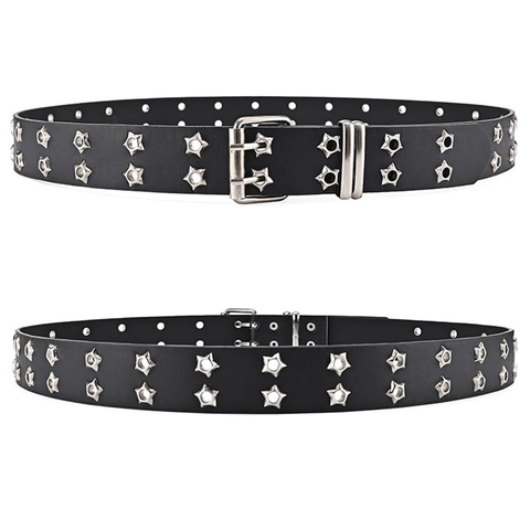Cintura Punk in Similpelle Donna Doppia Fila Occhielli a Stella Svuotato Cinturino Vita Con Doppia Fibbia Moda Y2K