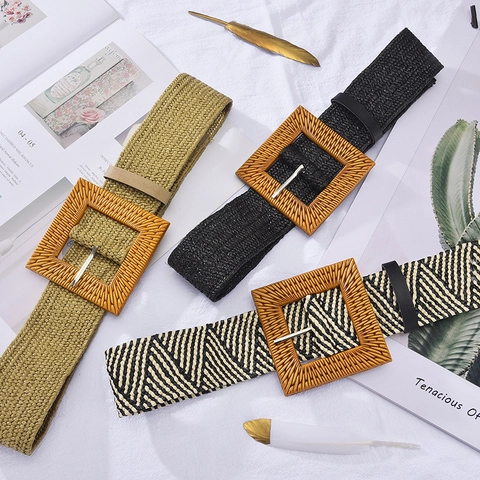 Bohemian Damen Elastisch Gewebt Breit Gürtel Quadratisch Schnalle Stroh Stil Raffia Taillengürtel Für Kleider Lässig Urlaub