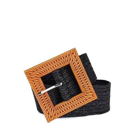 Bohemian Damen Elastisch Gewebt Breit Gürtel Quadratisch Schnalle Stroh Stil Raffia Taillengürtel Für Kleider Lässig Urlaub