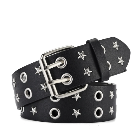 Punk Style Men's FPU Leather Belt Double Prong Buckle Metal Eyelets Star Rivets Casual Jeans Belt Streetwear Fashion Waist Band