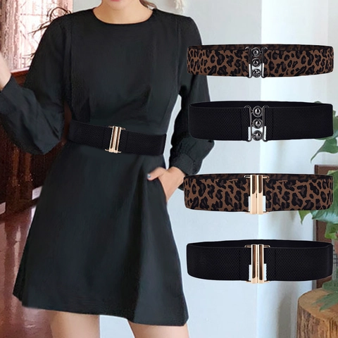 Women Wide Elastic Waist Belt Leopard Print Solid Color Corset Belt With Metal Buckle Decorative Cinch Belt For Dress Jacket