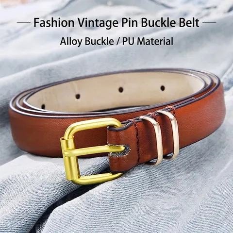 Women's Fashion PU Leather Belt With Gold Rectangular Pin Buckle Casual Solid Pebble Grain Waistband 105cm Long Waist Belt