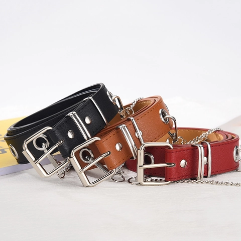 Faux Leather Punk Grommet Belt For Women Men Metal Eyelet Decor Belt With Detachable Chain Hip Hop Casual Jeans Waist Belt