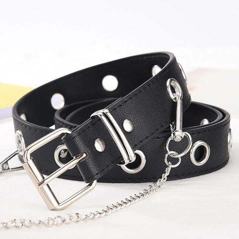 Faux Leather Punk Grommet Belt For Women Men Metal Eyelet Decor Belt With Detachable Chain Hip Hop Casual Jeans Waist Belt