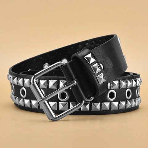 Punk Rock Pyramid Rivet Belt For Men Women Vintage PU Leather Double Prong Buckle Waist Strap For Jeans Pants