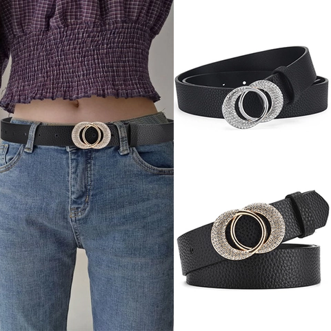 Cinturón de Mujer de Cuero Artificial Vintage Con Hebilla de Doble Anillo de Strass Cinturón de Moda Patrón de Lichi para Vestidos y Jeans
