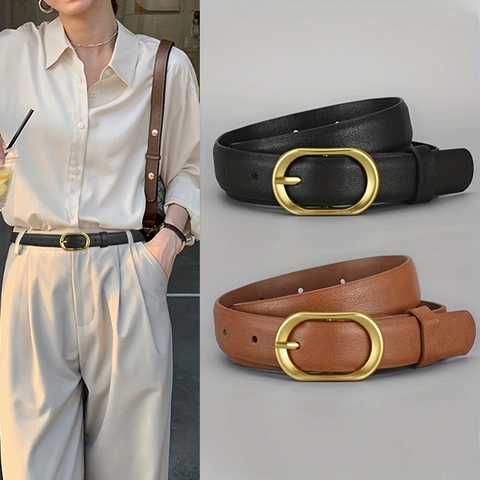 Women Faux Leather Belt Fashion Thin Waist Belt With Gold Alloy Oval Pin Buckle For Jeans Dress Casual Daily Accessories