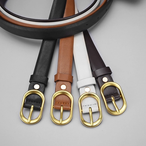 Women Faux Leather Belt Fashion Thin Waist Belt With Gold Alloy Oval Pin Buckle For Jeans Dress Casual Daily Accessories