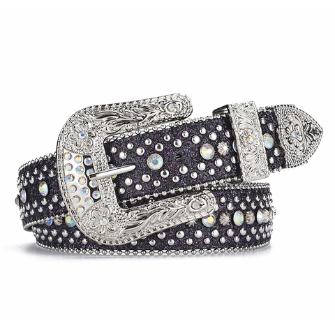 Ceinture en Strass Y2K pour Femme Style Western Cowboy Large Taille Boucle en Alliage Gravée de Fleurs Rivets Ceinture en Cuir Artificiel Accessoires de Mode