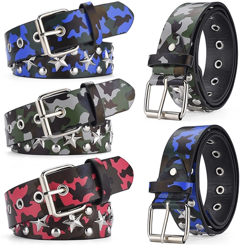 Camouflage Punk Kunstleder Gürtel Mit Metall Sternnieten Und Ösen Silberne Dornschließe Street Fashion Rock Style Hüftgürtel
