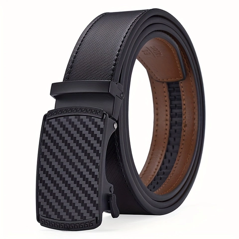 Men's Business Fashion Automatic Buckle Belt Faux Leather Waistband With Carbon Fiber Texture Decorative Pattern Adjustable Pants Accessory