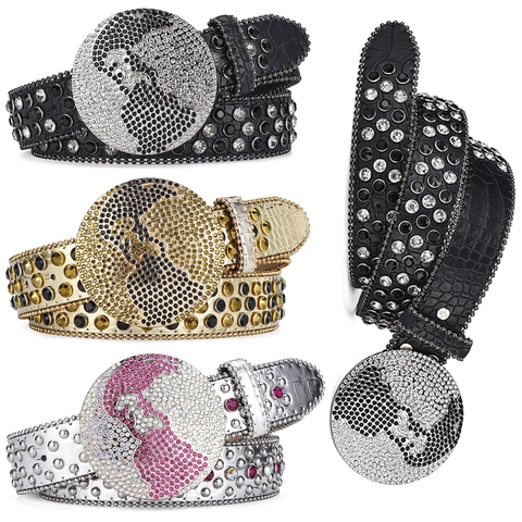 Cintura Hip Hop con Strass a Trama di Coccodrillo Con Fibbia a Terra Rotonda Ecopelle Punk Streetwear per Uomo Donna