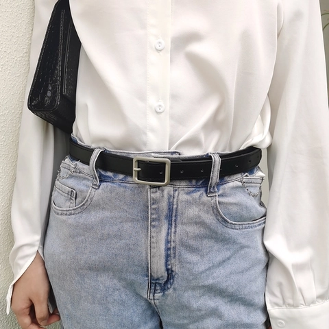 Women Retro PU Leather Belt With Alloy Square Pin Buckle Minimalist Solid Color Waistband For Dress Jeans Accessories