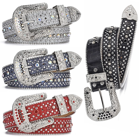 Ceinture en Strass Y2K pour Femme Style Western Cowboy Large Taille Boucle en Alliage Gravée de Fleurs Rivets Ceinture en Cuir Artificiel Accessoires de Mode