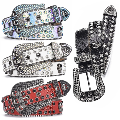Luxus Western Strass Totenkopf Gürtel Für Damen Punk Hip Hop Bling Kunstleder Gürtel Mit Totenkopf Legierung Schnalle Für Party Nachtclub