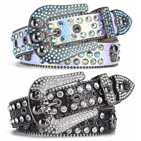 Luxus Western Strass Totenkopf Gürtel Für Damen Punk Hip Hop Bling Kunstleder Gürtel Mit Totenkopf Legierung Schnalle Für Party Nachtclub