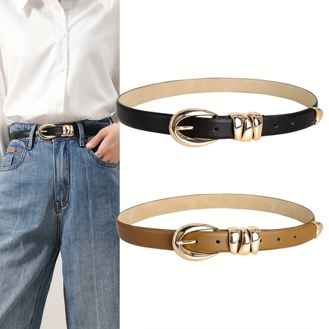 Dames Mode Kunstleren Riem Met Legering Doornsluiting Elegant Drie-ring Decor Minimalistische Retro Tailleriem Voor Jeans Jurken