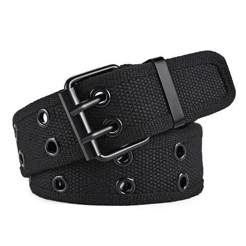 Men Canvas Belt Double Row Hole Punk Tactical Workwear Double Pin Buckle Waistband Metal Eyelets Adjustable Casual Waist Belt