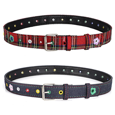 Women's Casual Canvas Belt With Retro Plaid Denim Texture Flower Decoration Metal Eyelets Iron Pin Buckle Fashion Waist Belt