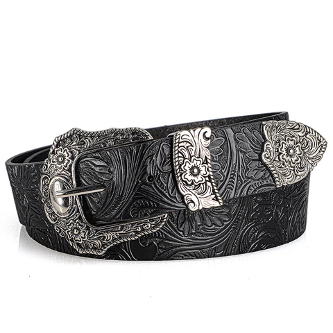 Cintura in Pelle PU con Fibbia Intagliata Western Vintage in Strass Cinturino a Vita Goffrato Floreale per Uomo Donna Jeans Cowboy