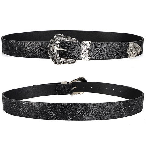 Cintura in Pelle PU con Fibbia Intagliata Western Vintage in Strass Cinturino a Vita Goffrato Floreale per Uomo Donna Jeans Cowboy